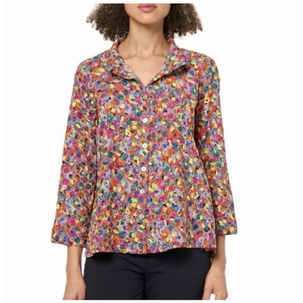 John Mark Shirt Top XL Embroidered Floral Button Multi Color Rainbow #X4-4